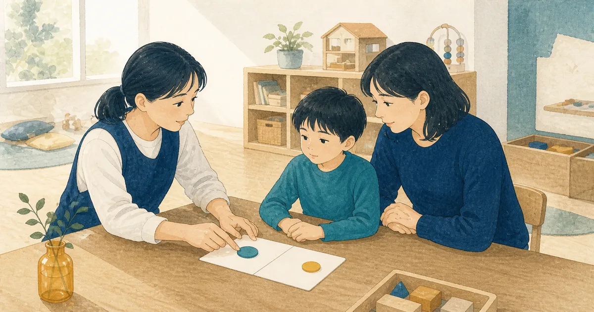 学童の明るい室内で支援員と安全な過ごし方を確認する親子