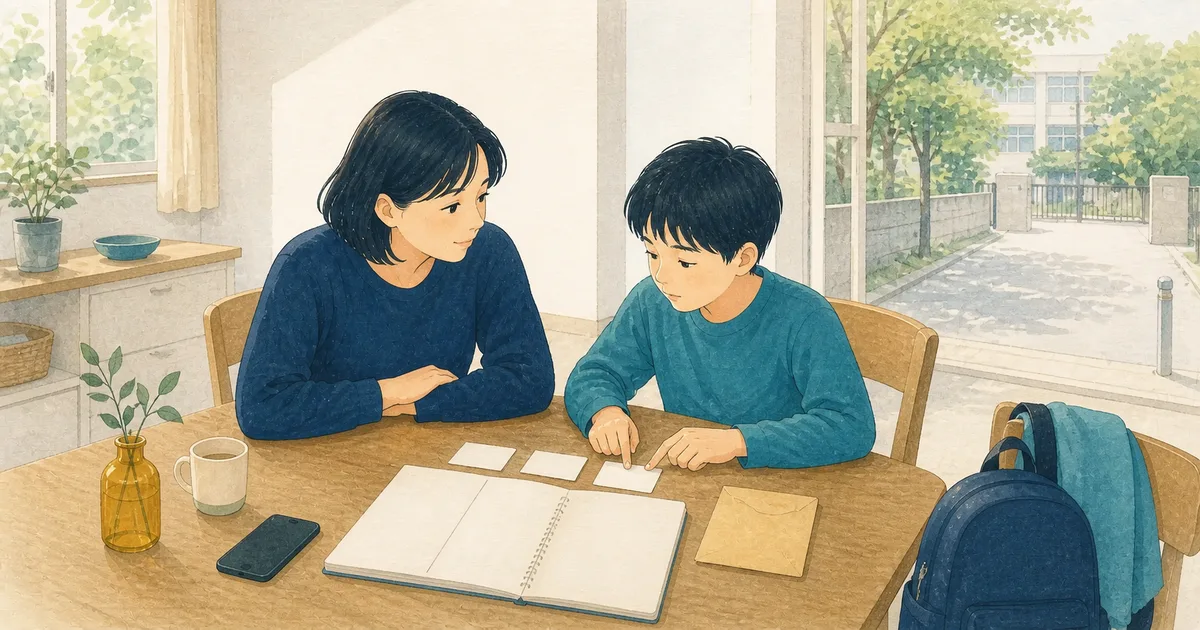 手元にある情報を親子で記録し学校相談を準備する様子