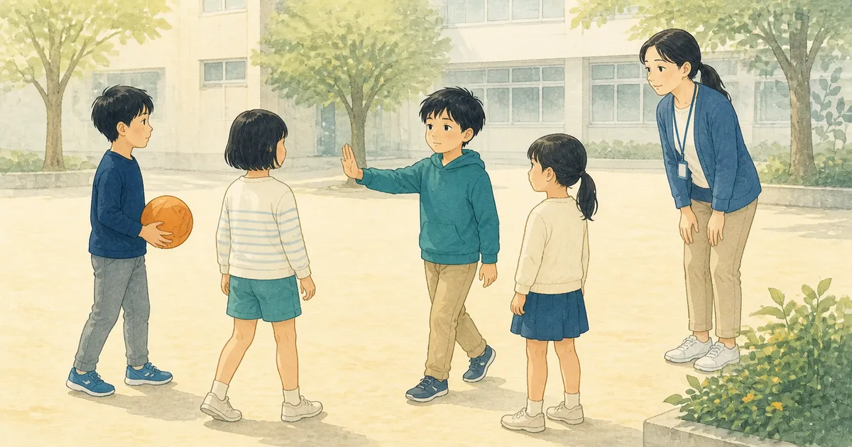 遊びを止める意思を示す子どもと見守る教職員