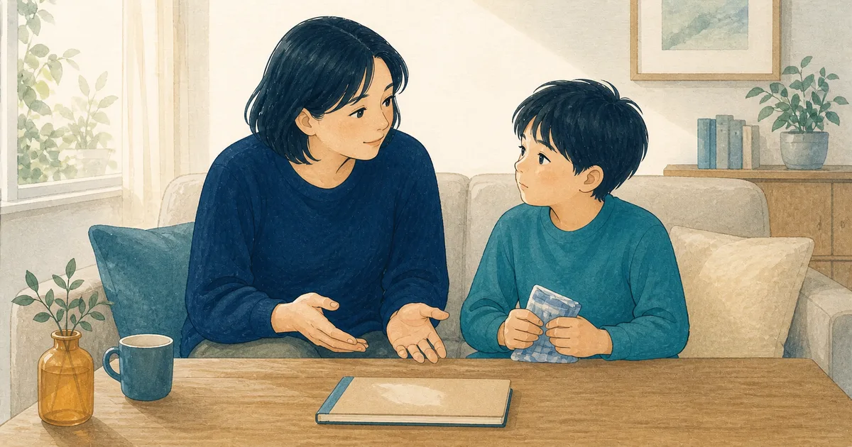窓辺で子どもの話を静かに聞く保護者