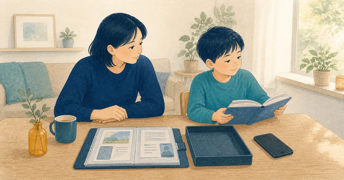 オンラインのグループを離れる前に記録を確認する親子