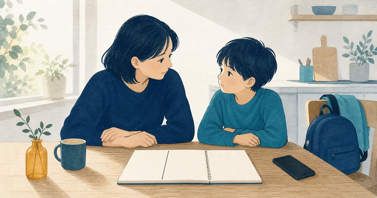 親が子どもの話を落ち着いて聞き、記録ノートを開いて安全な初動を考えるイラスト